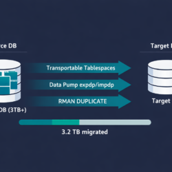 Oracle multi-terabyte database migration strategies showing transportable tablespaces, Data Pump, and RMAN methods for copying large databases