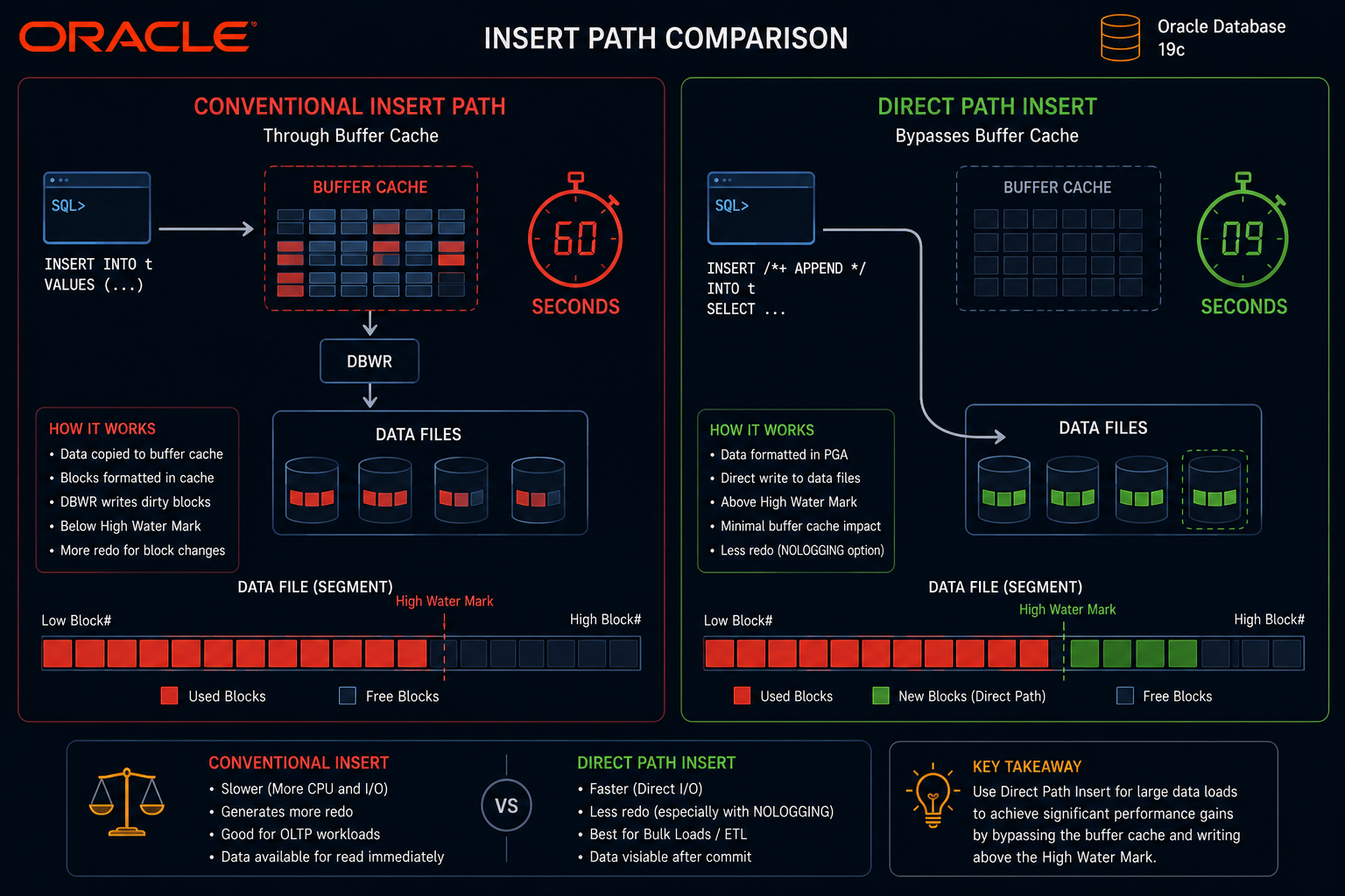 oracle direct path insert vs conventional insert path comparison buffer cache high water mark