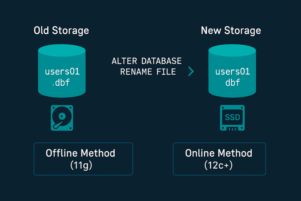 Oracle datafile move operation from old storage to new storage showing offline method for 11g and online method for 12c and later