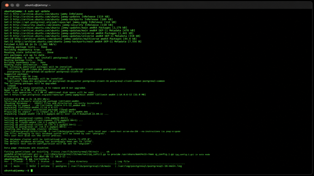 PostgreSQL 16 installation on Ubuntu 22.04 terminal output