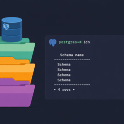 psql terminal showing \dn command listing PostgreSQL schemas with CREATE SCHEMA and search_path navigation