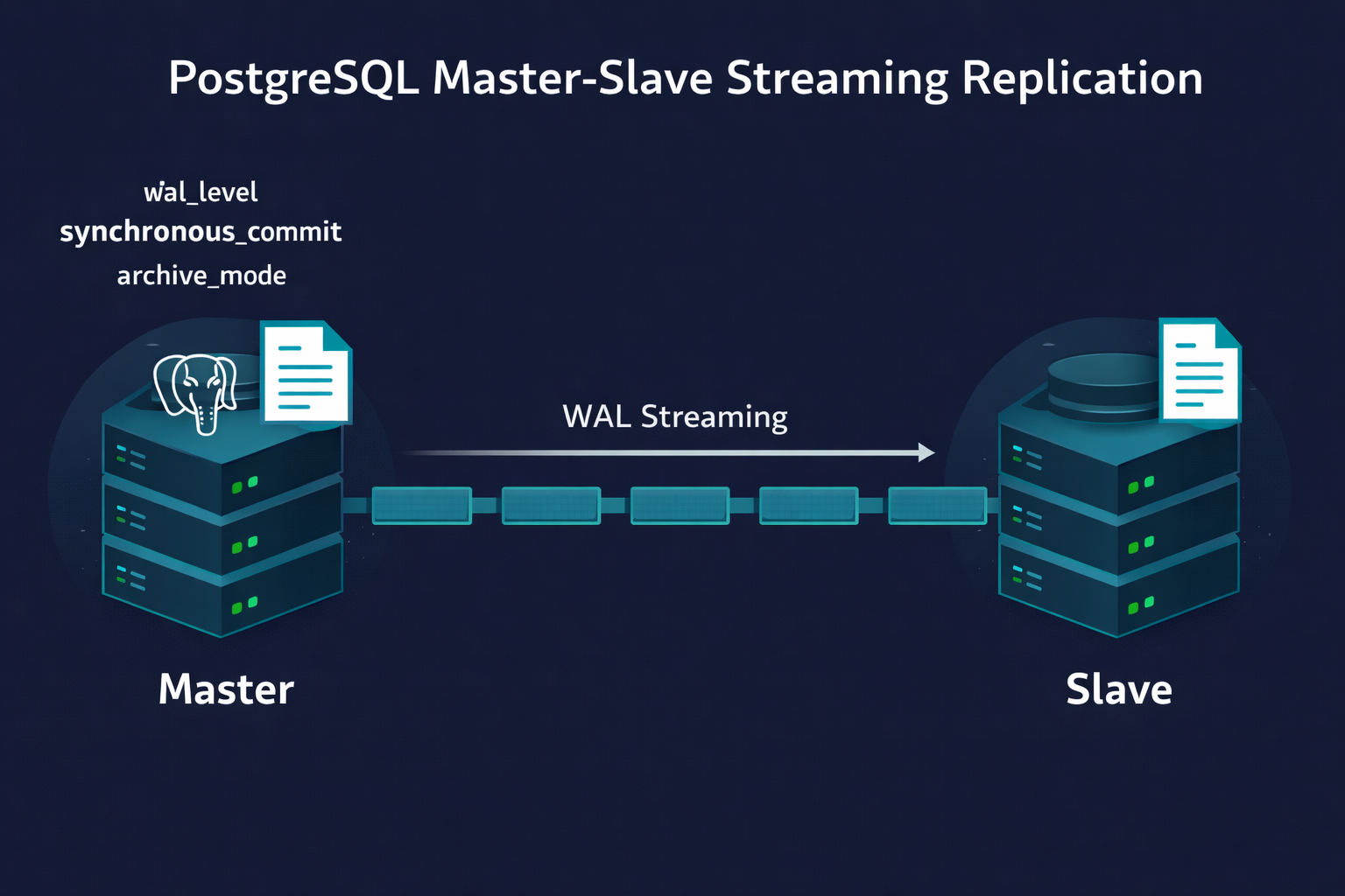 PostgreSQL master-slave streaming replication configuration showing postgresql.conf and recovery.conf parameters with WAL streaming between nodes