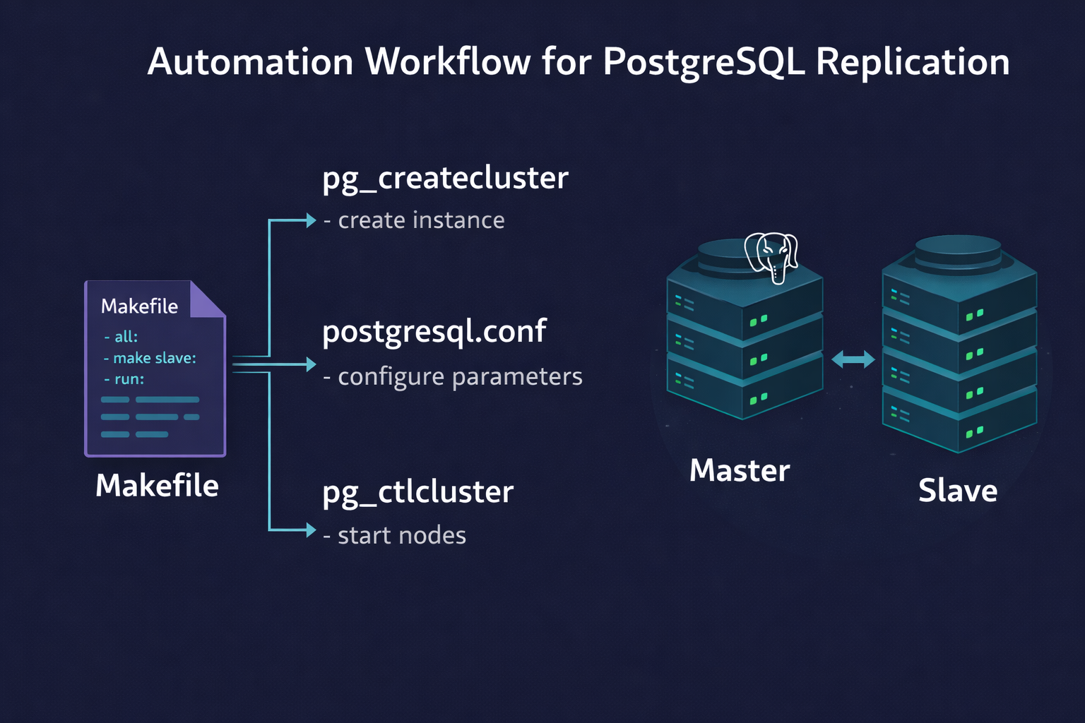Automating PostgreSQL master-slave replication setup using makefile with pg_createcluster and pg_ctlcluster utilities
