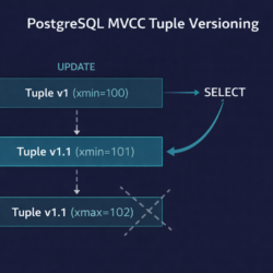 PostgreSQL MVCC tuple versioning showing xmin and xmax values across insert, update, and delete operations