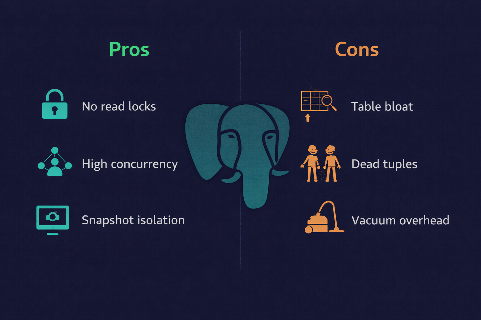 PostgreSQL MVCC trade-offs — concurrency benefits versus table bloat and vacuum overhead