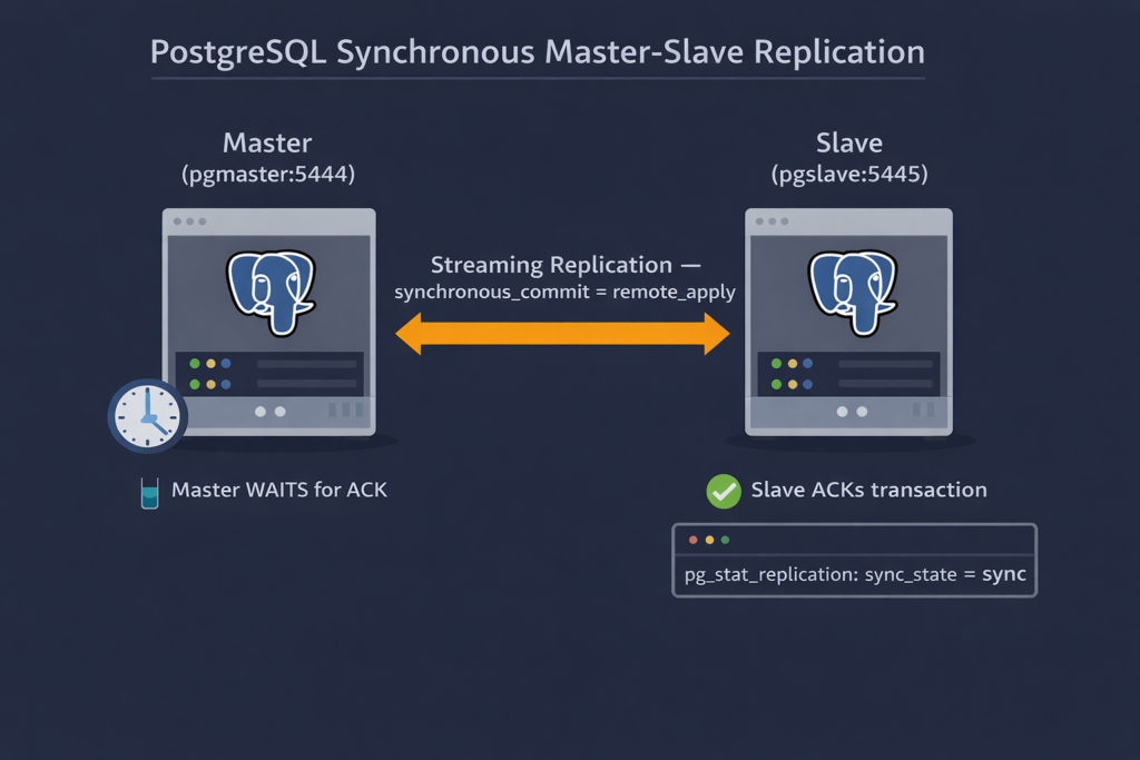PostgreSQL synchronous master-slave replication — master waits for slave ACK via remote_apply