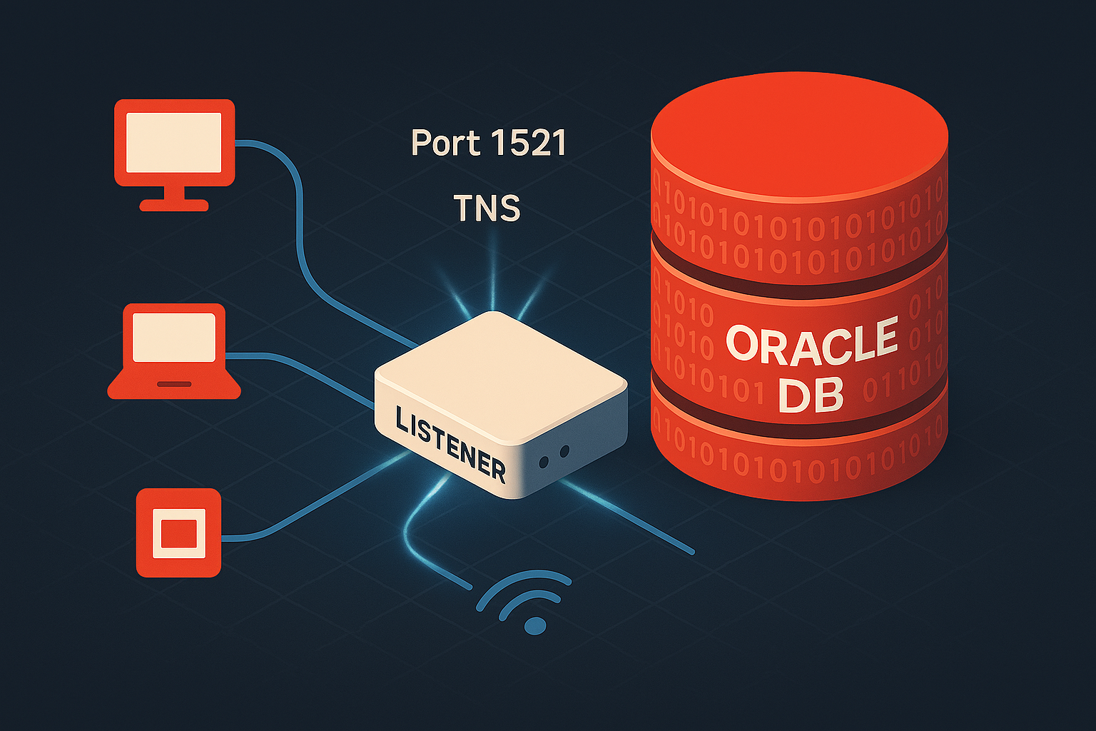 Oracle listener configuration architecture - database instance connected to multiple clients through TNS listener port 1521