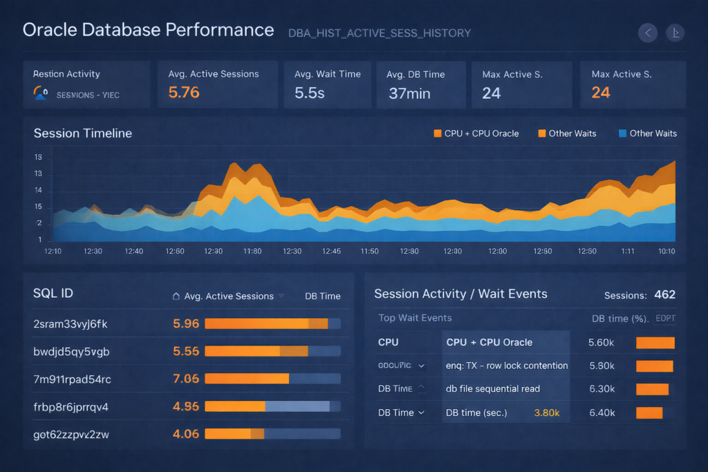 DBA_HIST_ACTIVE_SESS_HISTORY Oracle ASH analysis dashboard showing SQL performance and wait events