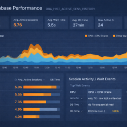 DBA_HIST_ACTIVE_SESS_HISTORY Oracle ASH analysis dashboard showing SQL performance and wait events