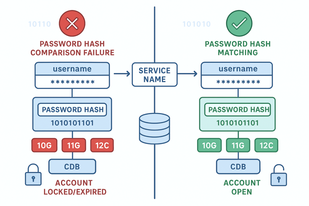 ORA-01017 invalid username password error showing Oracle authentication architecture, password hashing versions, and troubleshooting workflow for Oracle 19c/21c databases