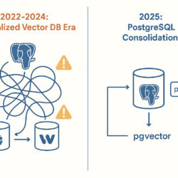 Architecture comparison showing complex specialized vector database setup versus simple PostgreSQL pgvector unified solution for AI workloads