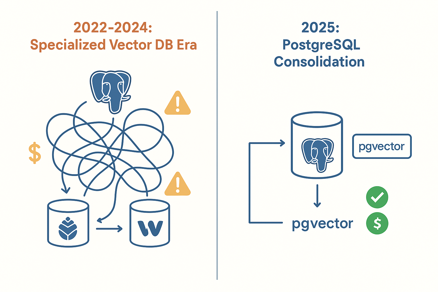 Architecture comparison showing complex specialized vector database setup versus simple PostgreSQL pgvector unified solution for AI workloads