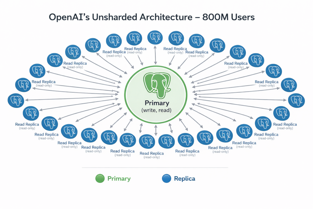OpenAI PostgreSQL architecture with single primary and 50+ read replicas serving 800 million users