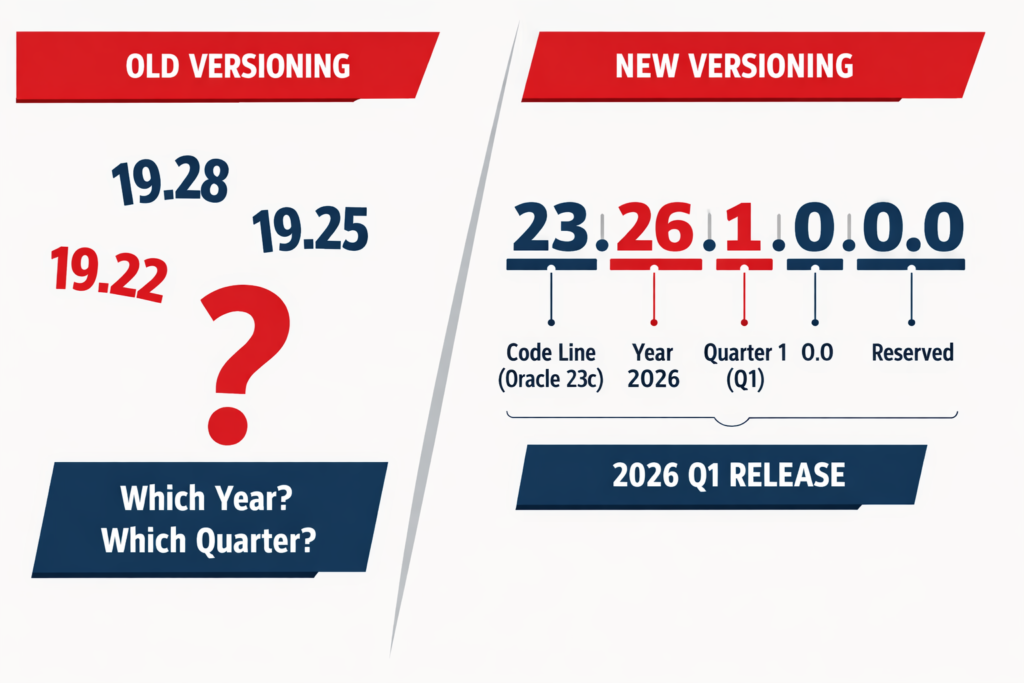 Oracle 26 AI version numbering evolution timeline showing old 19c format versus new 23.26.1.0.0 calendar-year format