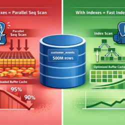 PostgreSQL performance diagram: parallel seq scan vs index scan impact on cache hit ratio