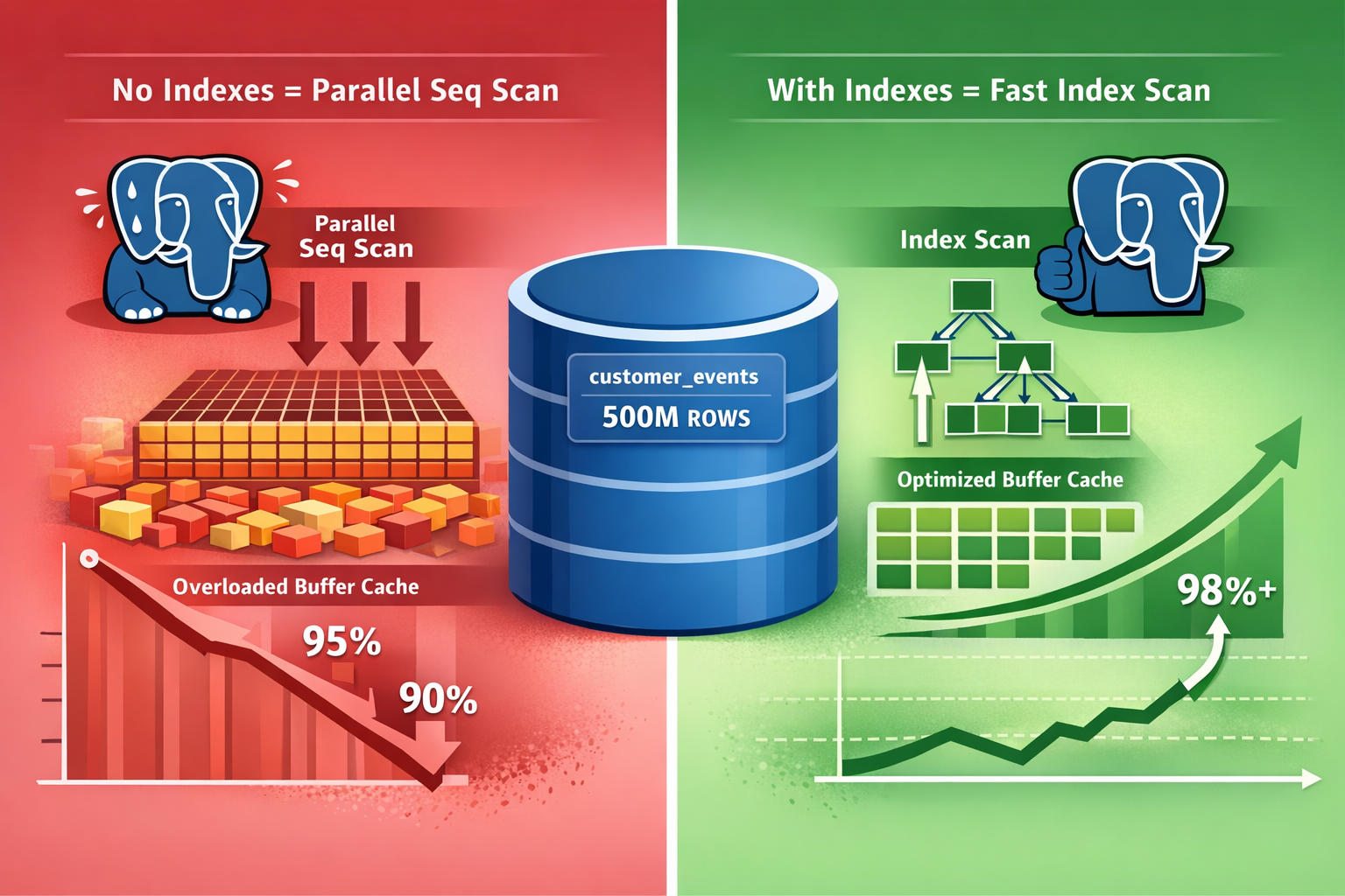 PostgreSQL performance diagram: parallel seq scan vs index scan impact on cache hit ratio
