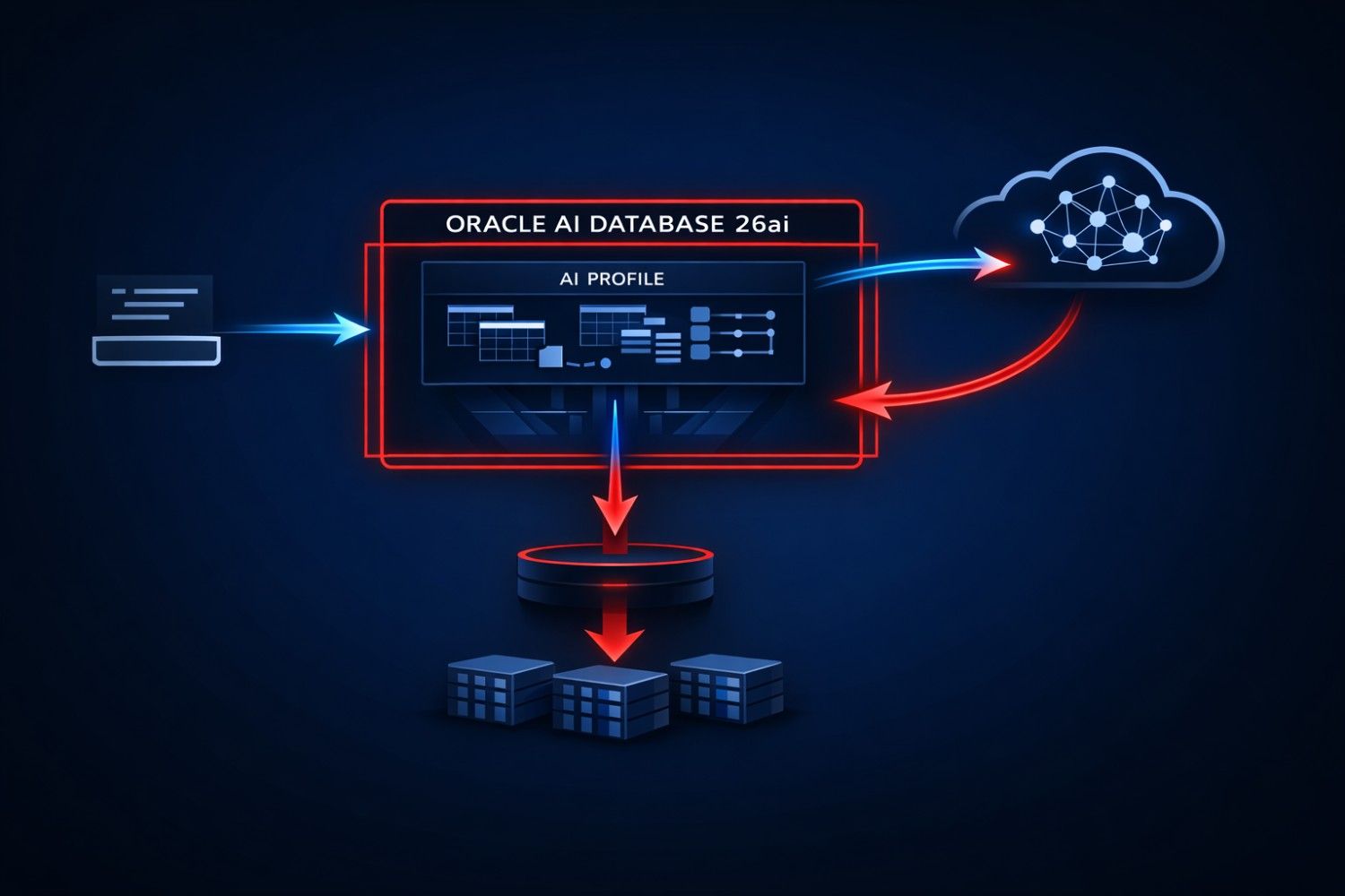 Architecture diagram showing Oracle AI Database 26ai Select AI flow — natural language input, schema metadata sent to external LLM, generated SQL returned and executed against relational tables