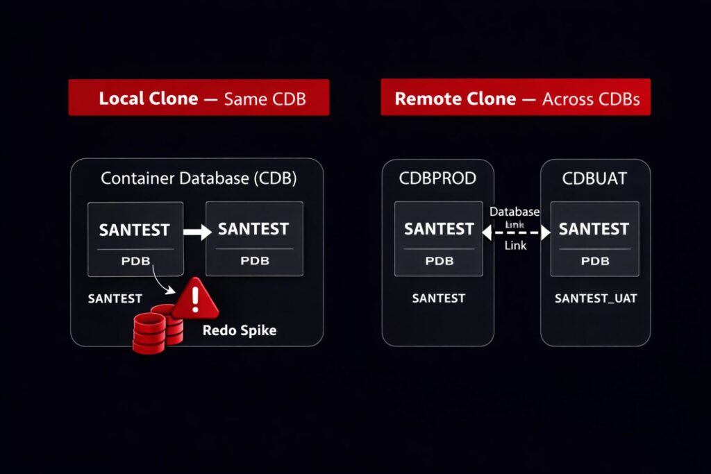 Architecture diagram showing Oracle Database 19c local PDB cloning within the same CDB and remote PDB cloning across two CDBs using a database link, with ASM storage notation