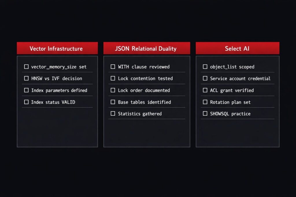 Production DBA checklist diagram for Oracle AI Database 26ai deployment covering vector infrastructure sizing, JSON Relational Duality deployment gates, and Select AI governance decisions