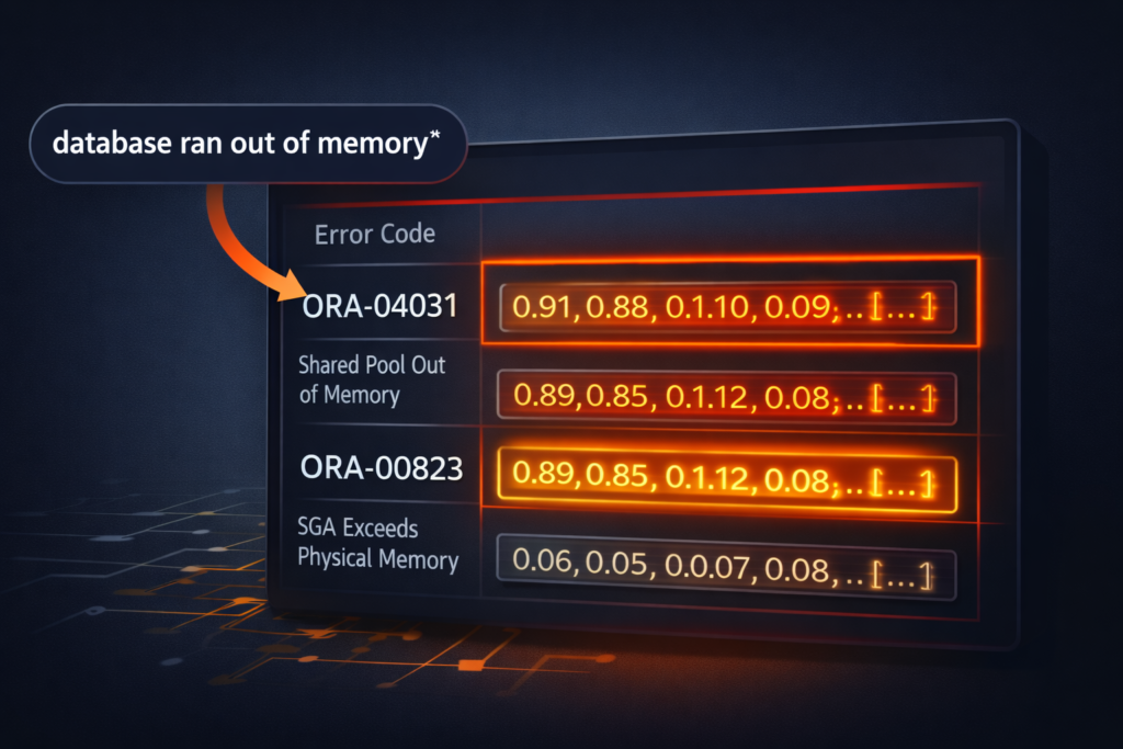 Oracle 23ai vector search query matching 'database ran out of 
memory' to ORA-04031 and ORA-00823 error codes using 
VECTOR_DISTANCE in SQL