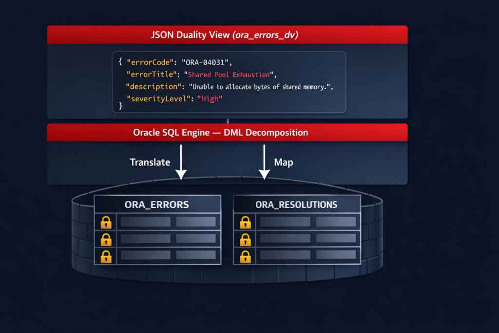 Architecture diagram showing how Oracle AI Database 26ai JSON Relational Duality Views translate JSON writes into row-level DML on underlying relational tables, with lock icons indicating concurrent access behavior.