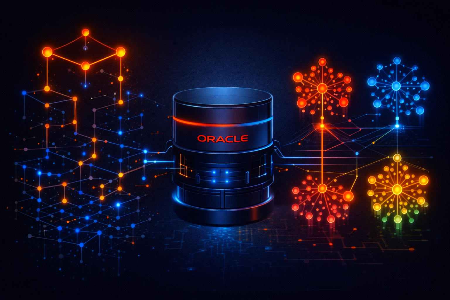 Oracle AI Database 26ai vector index comparison showing HNSW graph layers and IVF partition clusters for semantic similarity search