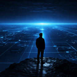 Future of engineering leadership with AI — a technology leader looking forward at a structured digital landscape representing clarity and direction