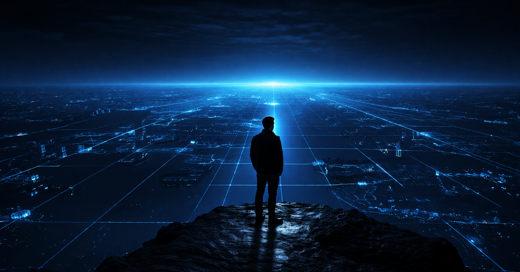 Future of engineering leadership with AI — a technology leader looking forward at a structured digital landscape representing clarity and direction