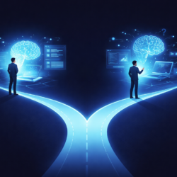 Two types of engineers in 2026 — one outsourcing thinking to AI, one thinking with AI — split path illustration