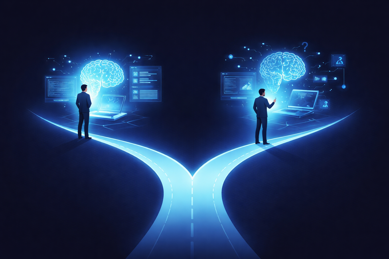 Two types of engineers in 2026 — one outsourcing thinking to AI, one thinking with AI — split path illustration