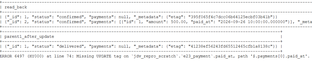 MySQL JSON Duality Views error 6497 Missing UPDATE tag after a DATETIME(6) value round-trips through JSON text